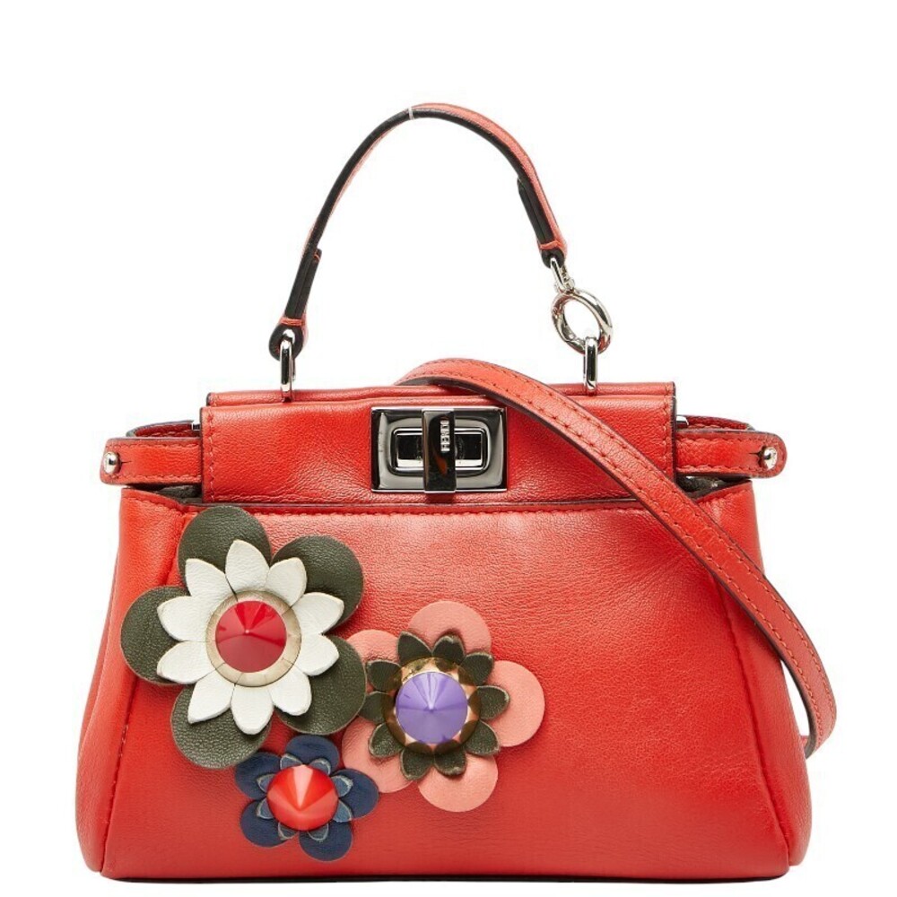 Fendi Peekaboo Flower Motif Handbag Shoulder Bag Pouch Clutch Red